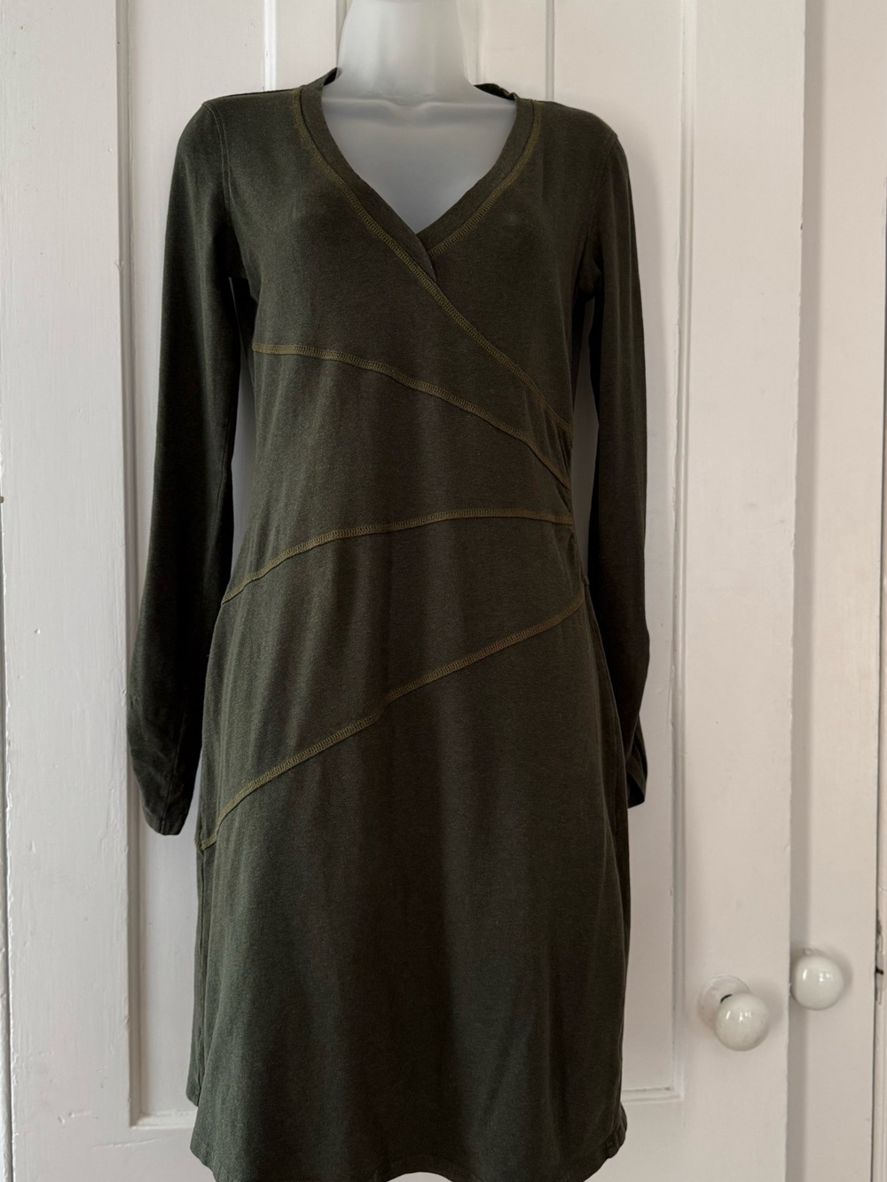 Athleta Olive Green Long Sleeve V-Neck Dress